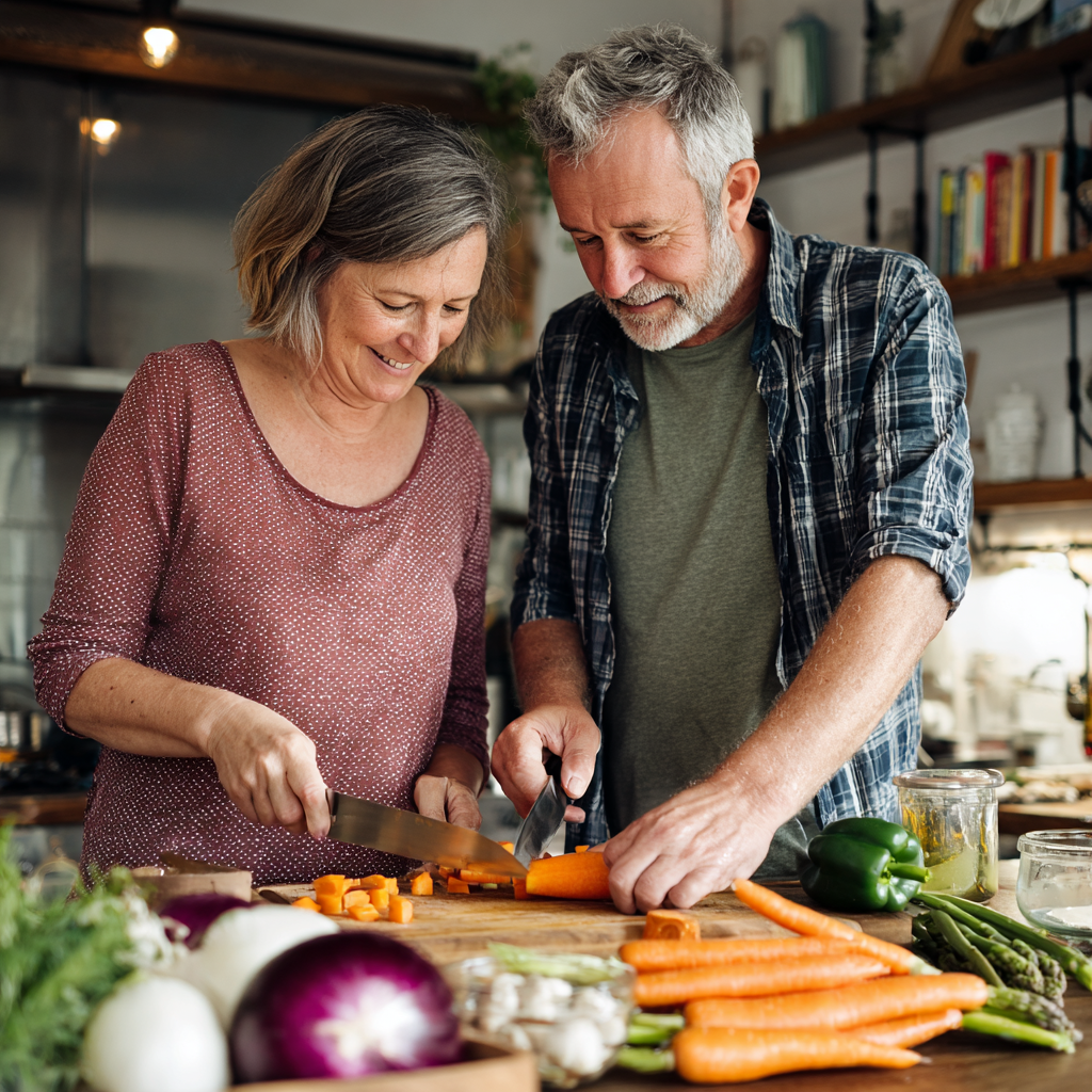 Content middle-aged couple preparing a healthy meal in modern kitchen together
