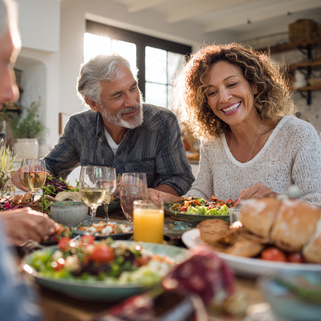 Middle-aged adults enjoying a balanced meal together at a bright kitchen table